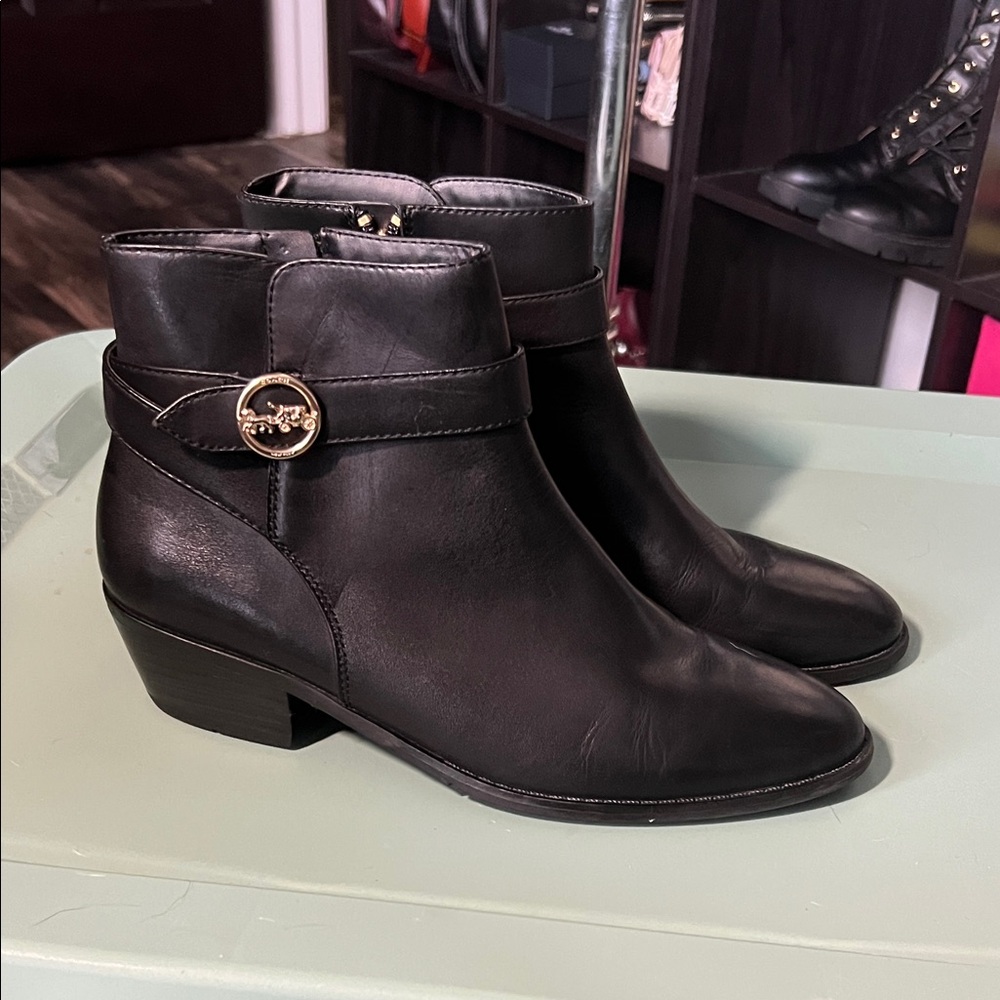 Coach Black Leather Ankle Booties with Gold Signature Buckle